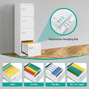 Meuble de classement vertical en métal blanc à 4 tiroirs avec serrure, design étroit, format A4/Légal/Lettre, pour <span class=keywords><strong>bureau</strong></span> à domicile - Product Image 3