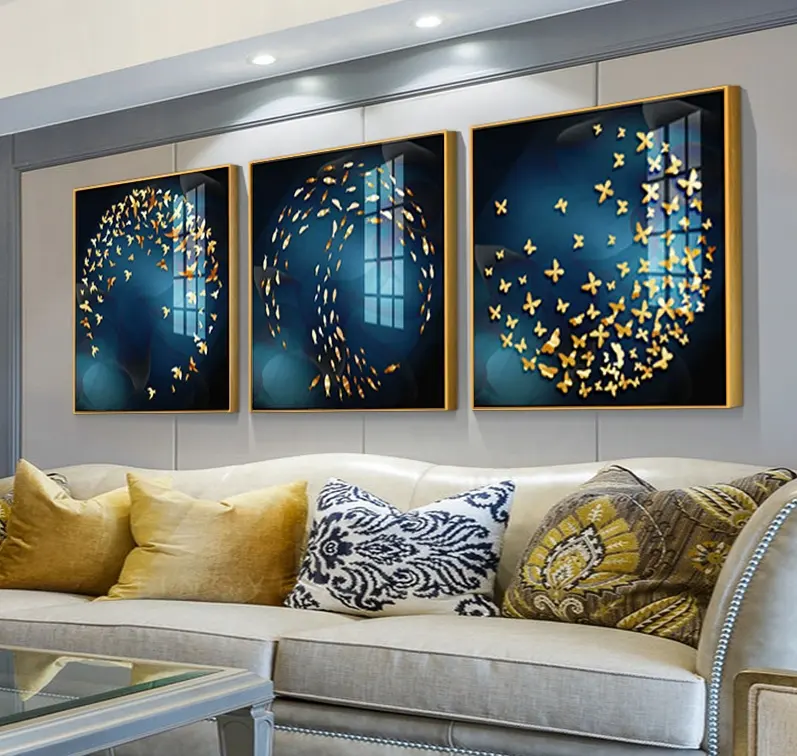 High Quality Abstract 3 Panel Painting Golden Fish butterfly Crystal Porcelain Painting Living Room Decor Acrylic Painting