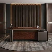 Meja Eksekutif Premium Crystal Glaze Veneer Kayu Burl E1 MDF Smart LED Power Hub Meja CEO Meja Kantor Mewah