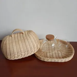 Vassoio di stoccaggio in vimini con coperchio in tessuto a mano cesti di vimini pane frutta cibo espositore per colazione scatola per cibo torta di frutta ecc - Product Image 3