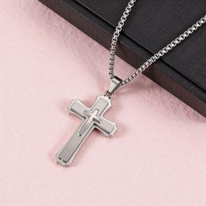 Titan-Stahl Kreuz Großer Anhänger Halskette mit Dreischichtiger Box-Kette Jesus-Kreuz Kruzifix für Männer Teenager Jungen Schmuck - Product Image 2