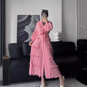 Robe plissée de style <span class=keywords><strong>japonais</strong></span> et coréen pour seniors costume décontracté grande taille avec col de couleur contrastée accessoire à la mode - Product Image 1