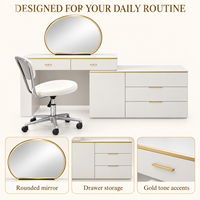 Coiffeuse blanche moderne avec miroir rond, rangement à tiroirs et armoire latérale, meuble de maquillage pour chambre à coucher avec détails dorés