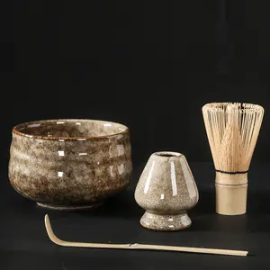 Mangkuk tembikar, set teh Matcha, sendok pengocok bambu, dudukan pengocok, Kit bubuk teh hijau, set teh matcha Jepang
