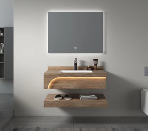 Meuble-lavabo de salle de bain mural de luxe moderne avec comptoir en pierre Miroir intelligent à DEL et lavabo en céramique - Product Image 3