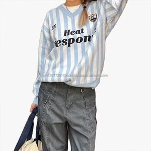 Suéter de Punto a Rayas Casual para Mujer, Cuello en V, Estilo Jersey, Deportivo, Otoño Invierno, Suave y Holgado - Product Image 5