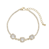 Bracelet Géométrique Trois Pierres Carrées en Laiton Plaqué Or Blanc 14K avec Pavé de Zircone Cubique 5A, Style Chic de Bureau pour Femme, Vente en Gros, Bracelet Tendance