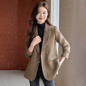 Women's Wool Blazer Double Breasted Herringbone Pattern Slim Fit Office Suit Jacket Autumn Winter 2024 Gray Brown Color - Product Image 2