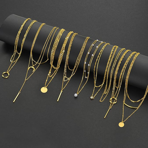 Colliers superposés en or 18 carats, 9 pièces, <span class=keywords><strong>pour</strong></span> femmes, avec pendentif chaîne cubaine simple style trombone, <span class=keywords><strong>pour</strong></span> cadeau de fête ou usage quotidien, fabriqué en Chine - Product Image 3