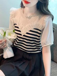 Vêtements pour femmes Mode estivale Patchwork coréen Couleurs contrastées Col en O Femme All-match Fashionable Striped Short Sleeve Tops - Product Image 4