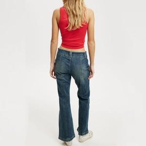 Pantalones Vaqueros de Mujer al por Mayor, Personalizados, Estilo Europeo y Americano, de Tiro Bajo, Acampanados, Lavados, Clásicos, Vintage, en Mezclilla Azul - Product Image 5