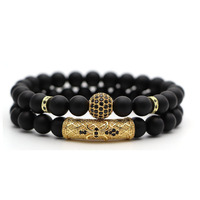 Bijoux de Mode Dorés Unisexe : Bracelet Jonc Perlé en Pierre de Verre Naturelle, CZ 8mm, Style Disco Danse, Ensemble 2 Pièces, Noir Classique Vintage