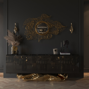 Meubles de cuisine modernes sur mesure, finition brillante, base en laiton martelé, plateau en marbre Sahara Noir, buffets noirs et dorés - Product Image 2