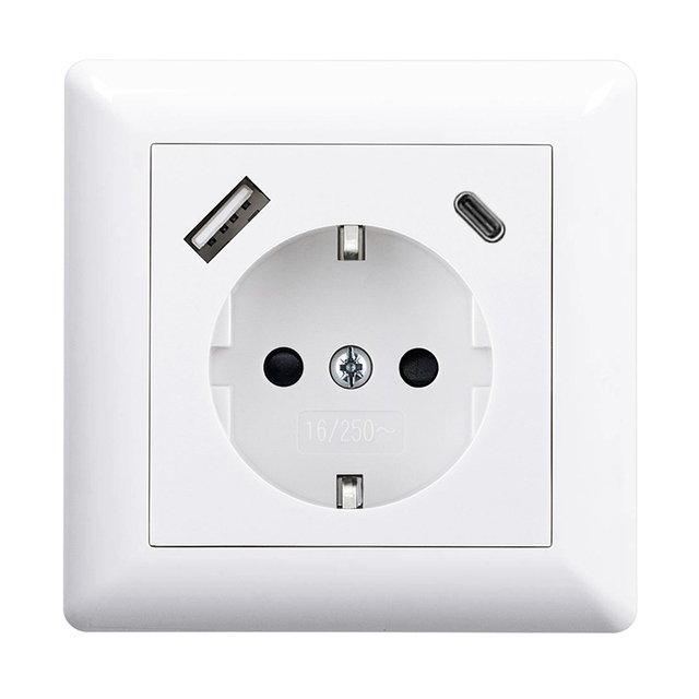 German TUV Proved USB Schuko with USB Charger and 1 Type-C Port 3.4A Max Pure White Wall Outlet Flush-mounted Socket 250V 16A