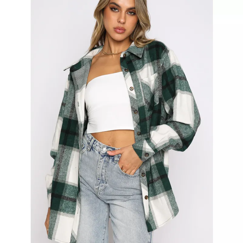 New Style Turn-Down Collar Fall Fashion Women Grid Print Clothes Casual Women'S Long Sleeve Shirts Top