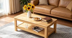 Table basse moderne en bois massif avec étagère de rangement, meubles de salon scandinaves, finition naturelle, table d'appoint basse - Product Image 4