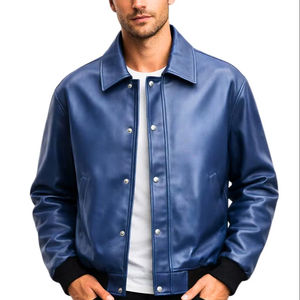 Veste en cuir véritable pour homme avec boutons-pression sur le devant, vêtement d'extérieur en cuir classique décontracté - Product Image 1