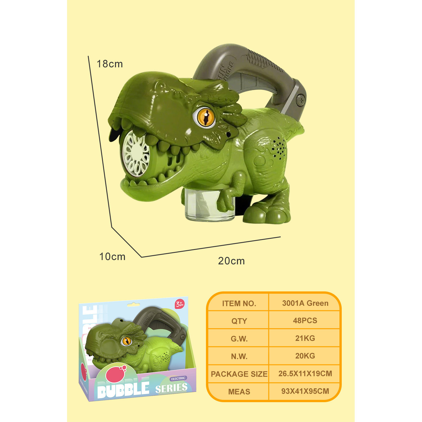 เครื่องทำฟองสบู่รูปไดโนเสาร์เร็กซ์สีเขียว ขนาด 90 มล. * 1 กล่องโชว์