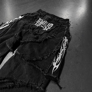 男士定制刺绣街头服饰 Y2K 牛仔裤破洞宽松哥特裤和破洞牛仔连帽衫牛仔裤黑色牛仔布 - Product Image 3