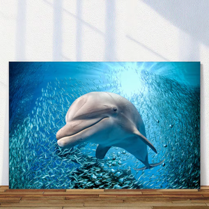 Grande peinture à l'huile sur toile représentant un océan bleu, peinture indigo, poissons en eaux profondes, décoration intérieure, salon - Product Image 1