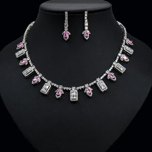 HIBRIDEリーフフラワーペンダントネックレスイヤリングセットキュービックジルコニアジュエリーセットドバイナイジェリア結婚披露宴アクセサリーN-151 - Product Image 1