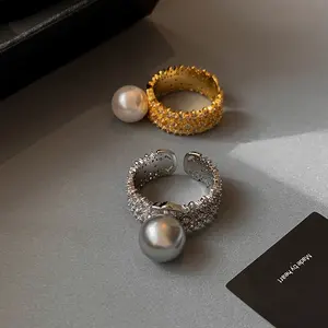 2024 New Gold And Silver Metal With Diamonds Wide Opening Adjustable Pearl Ring Female Jewelry Factory Customized