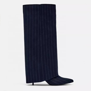 Botas de tacón alto fino con punta, de tela superpuesta, estilo stiletto, con rayas, para mujer, plegables por encima de la rodilla - Product Image 4