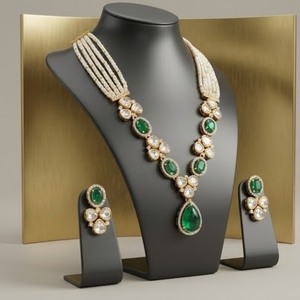 Elegant Green Stone Pearl 925 Silver Necklace Set Gold Moti Pearls and Moissanite Accents for Women Wedding <b>Gift</b> Jewelry - Product Image 3