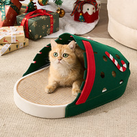 Structure d'escalade et griffoir pour chat en chanvre de Noël avec lit intégré - Conception durable sans peluches, design sécurisé, motif Père Noël et canne à sucre