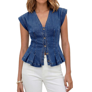 <span class=keywords><strong>Gilet</strong></span> en jean 100 % coton pour femme, tendance 2026, à manches courtes, col en V, boutonné, coupe courte, pour l'été - Product Image 2