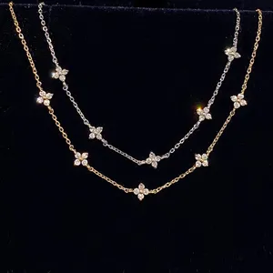 New Trendy 925 Sterling Silver 14k Gold Clover Flower Cz Colar Gargantilha Colar de quatro folhas