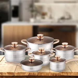 Vàng xử lý 12 cái không dính Cookware Set thép không gỉ nấu ăn Pan Set đồ dùng nhà bếp với kính có nắp đậy cho bếp gas
