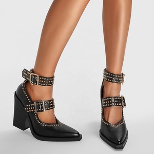 Sandales d'été à talons hauts et épais pour femmes, à bout pointu, avec boucles et clous métalliques, style escarpins de bureau - Product Image 6