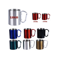 Mug en acier avec mousqueton pour le camping en plein air et les voyages, 220 ml et 300 ml, tasse à café en acier inoxydable à double paroi, mug en métal avec mousqueton
