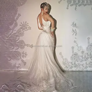 NOVANCE Gaun Y1678 Wanita, Gaun Malam Mewah Berekor Berlian Putih 2022, Gaun Rumbai untuk Pesta Pernikahan