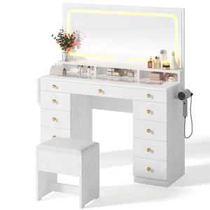Coiffeuse blanche personnalisée avec grand miroir LED et plateau en verre trempé, 11 tiroirs, et design à extension latérale - Product Image 5