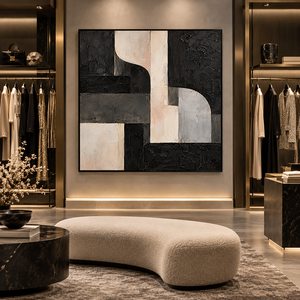 Dipinto a Olio Astratto Geometrico Modernista su Tela, Nero e Avorio, Dipinto a Mano, <span class=keywords><strong>Arte</strong></span> Murale Testurizzata per Hotel, Lobby, Ufficio - Product Image 1