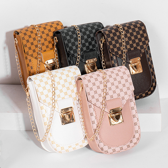 New Retro Style Geometric Printed Mobile Phone Bag Fashion Women'S Shoulder Crossbody Bag Faux Leather Personalized Chain Bag