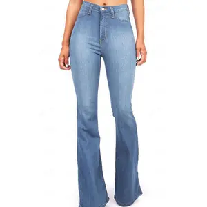 Pantalon en Denim Vintage en détresse pour femmes bleu Stretch taille haute botte coupe jean Cowgirls lavé évasé cloche bas jean