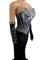 Haute qualité velours noir sans bretelles plein diamant gants robuste fendu queue de poisson jupe Banquet hôte Performance Costume