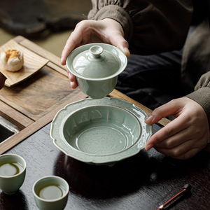 Guanlan Ceramic <b>Tea</b> <b>Tray</b> Handmade Lotus Scroll Design For <b>Tea</b> And Snack Serving Dehua Origin - Product Image 2