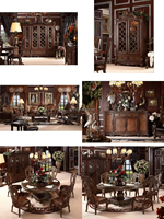 Ensemble de canapés classiques de luxe en bois sculpté de style américain, canapé en cuir marron sculpté, canapé de villa américain antique