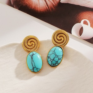 Stainless Steel <b>Stud</b> <b>Earrings</b> With <b>Turquoise</b> Inlay Geometric Design 18k Gold Plated Bezel Setting For Women Fashion Jewelry - Product Image 1