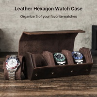 Boîte de rangement de montre hexagonale en cuir de vachette Crazy Horse Vintage faite à la main boîte-cadeau résistante à l'eau de trois paquets