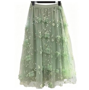 Nouvelles jupes longues élégantes pour femmes, printemps-été, broderie florale, maille, taille haute élastique, style doux, ligne A, en <span class=keywords><strong>tulle</strong></span> - Product Image 4