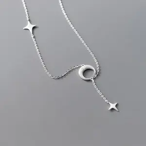 TrustDavis Real 925 Sterling Silver Clavicle Necklace For Women Star Moon Mother's Day Party Fine Necklace Jewelry Gift DA3124