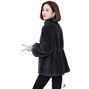 Women's Large Size Winter Warm Coat with Artificial Fur Medium Length Waisted Mink Imitation Jacket