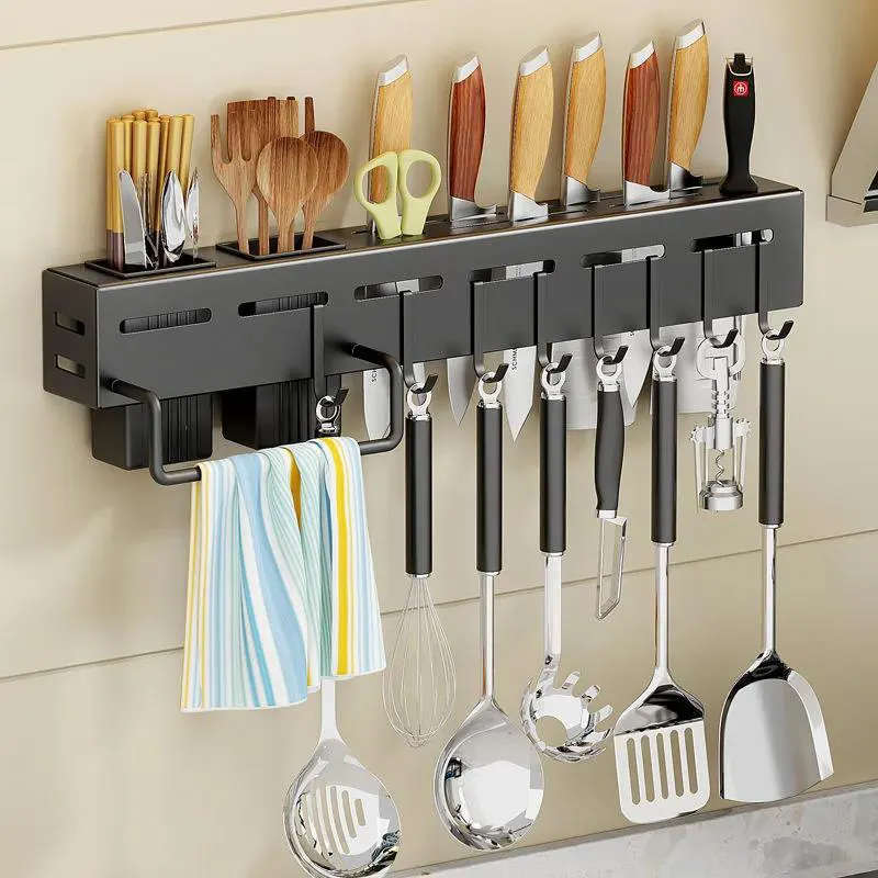 Multifunction No Drilling Wall Mounted Kitchen Stainless Steel Powerful Knife Holder Rack With Hanging Paper Rod And Hooks