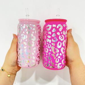 16Oz <b>Vinyl</b> <b>Wrap</b> Decal Can Cheetah Print Beer Glass High Borosilicate Leopard Coffee Mug Cup With Plastic Lid - Product Image 4