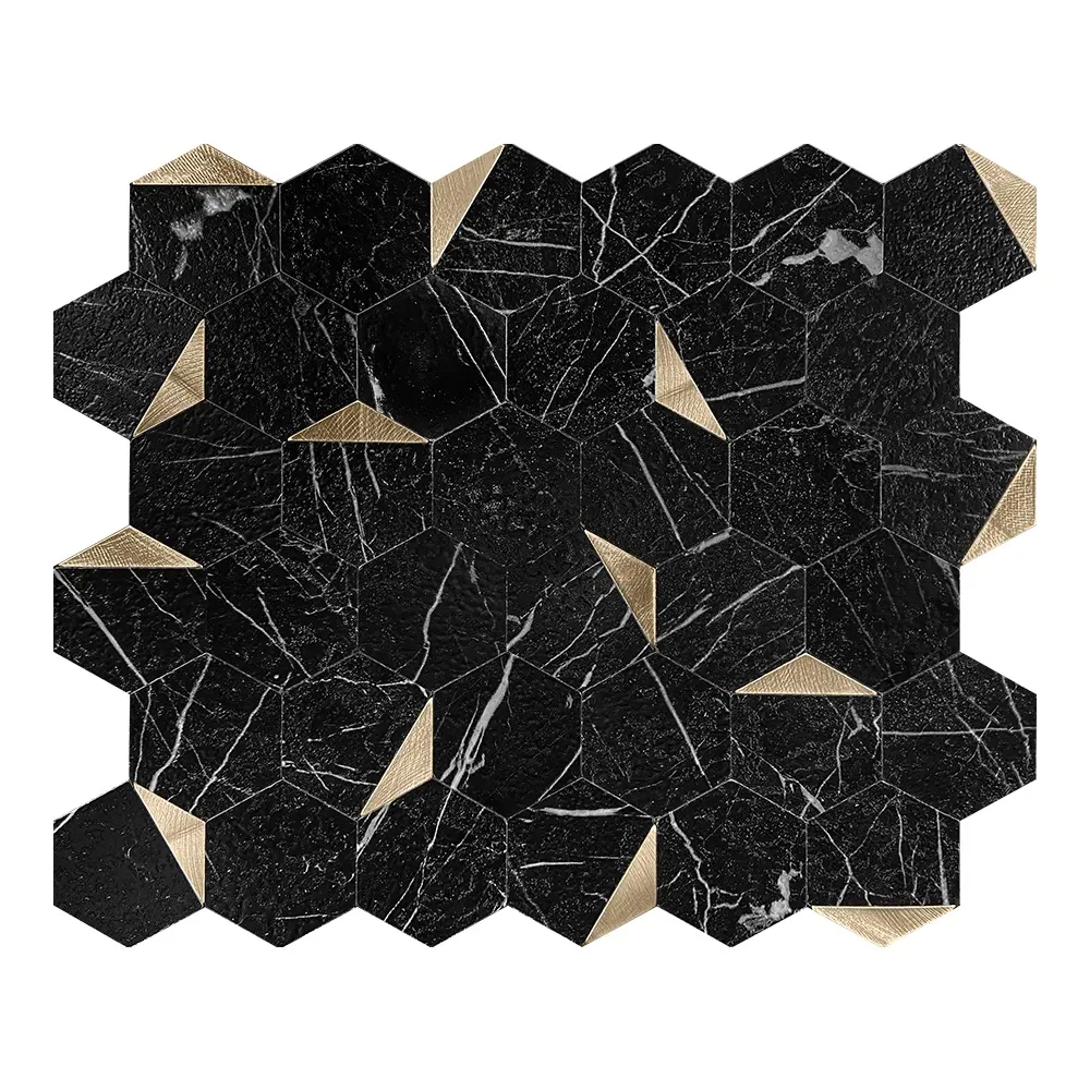 4mm Thick Peel Stick Waterproof Hexagon Tiles Black Striped Pattern Wallpaper Home Decor-for Bathroom Bedroom Living Room Hotel